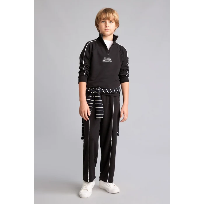 Defacto H9606A8BK81 Siyah Oversıze Uzun Kollu Dik Yaka Pamuklu Baskılı Siyah Sweatshirt Erkek Çocuk