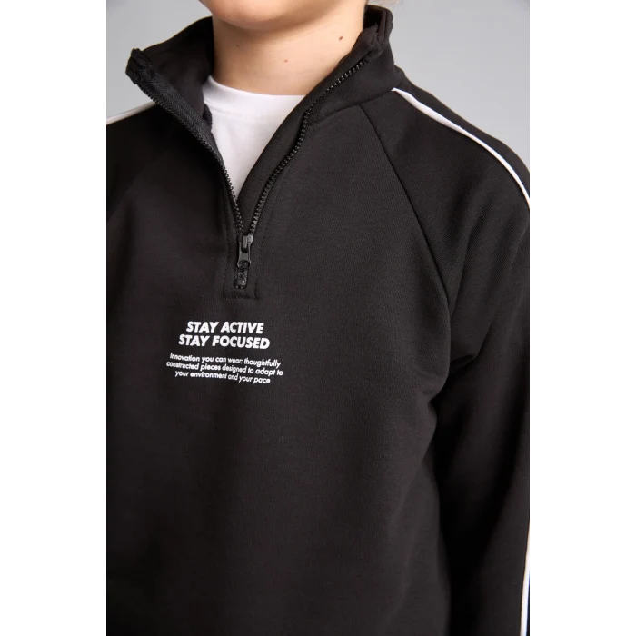Defacto H9606A8BK81 Siyah Oversıze Uzun Kollu Dik Yaka Pamuklu Baskılı Siyah Sweatshirt Erkek Çocuk