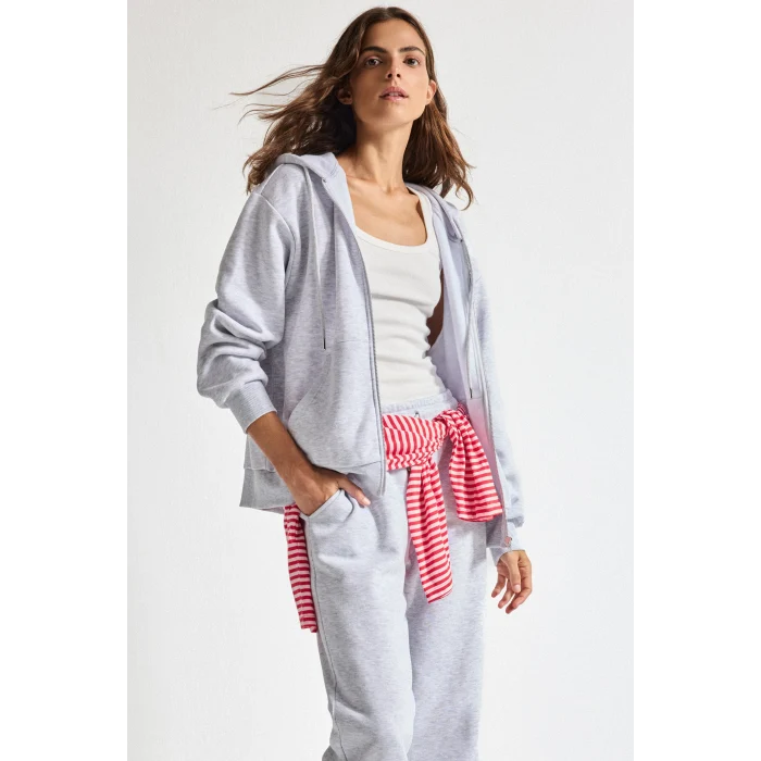 Defacto C1809AXGR93 Gri Relax Fit Kapüşonlu Cepli Basıc Fermuarlı Sweatshirt