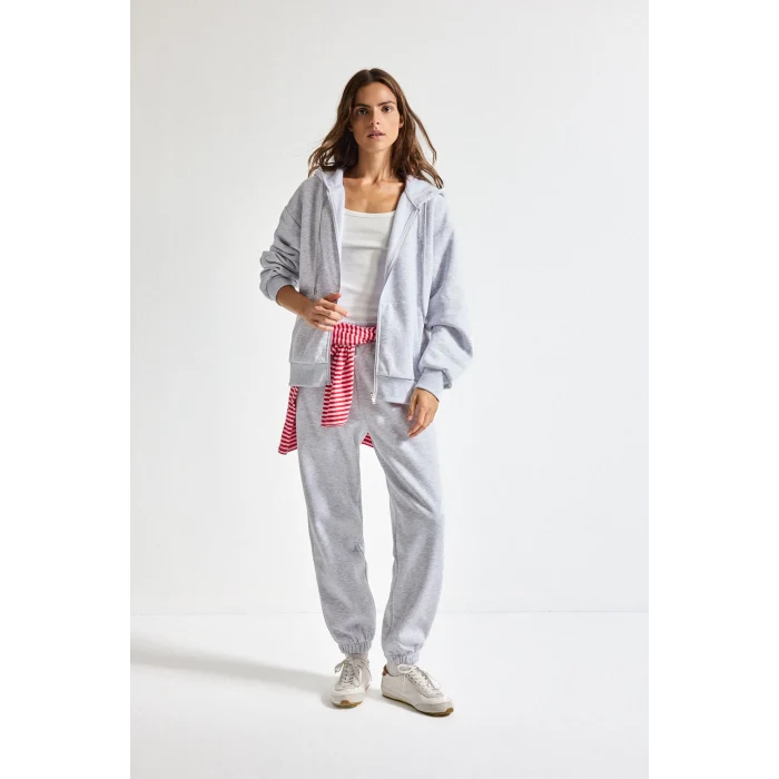Defacto C1809AXGR93 Gri Relax Fit Kapüşonlu Cepli Basıc Fermuarlı Sweatshirt