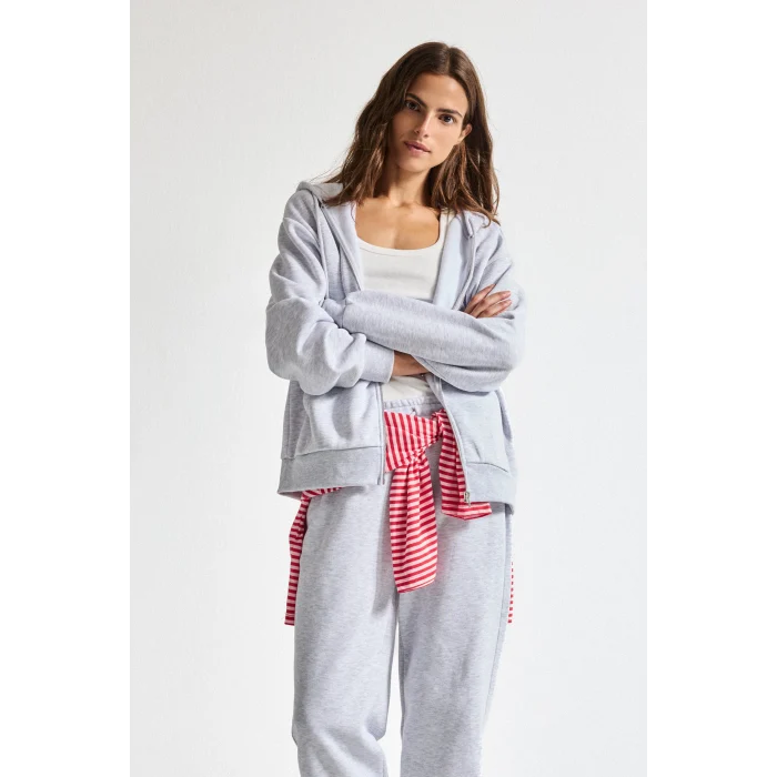 Defacto C1809AXGR93 Gri Relax Fit Kapüşonlu Cepli Basıc Fermuarlı Sweatshirt