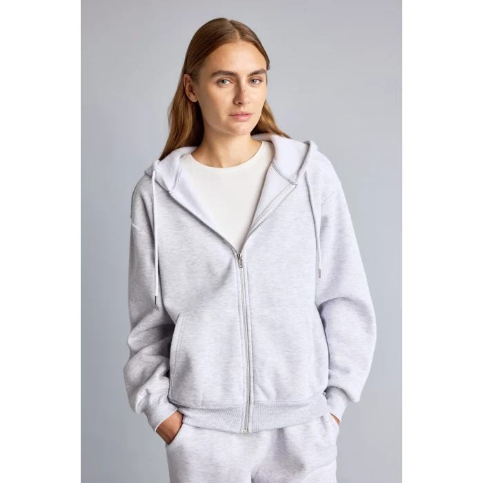 Defacto C1809AXGR93 Gri Relax Fit Kapüşonlu Cepli Basıc Fermuarlı Sweatshirt