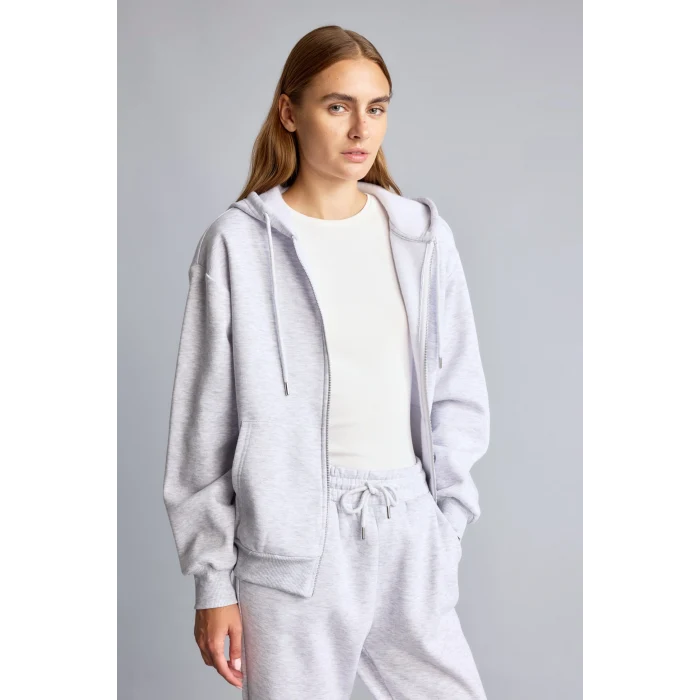 Defacto C1809AXGR93 Gri Relax Fit Kapüşonlu Cepli Basıc Fermuarlı Sweatshirt