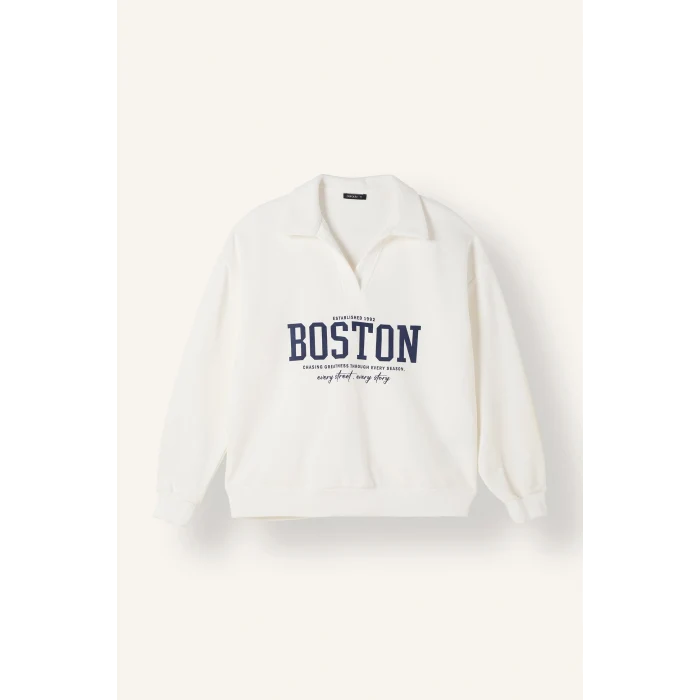 Defacto I3317AXER105 Ekru Relax Fit Açık Polo Yaka Baskılı Sweatshirt