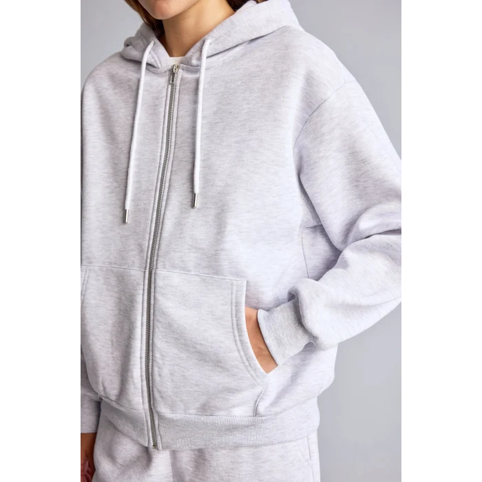 Defacto C1809AXGR93 Gri Relax Fit Kapüşonlu Cepli Basıc Fermuarlı Sweatshirt