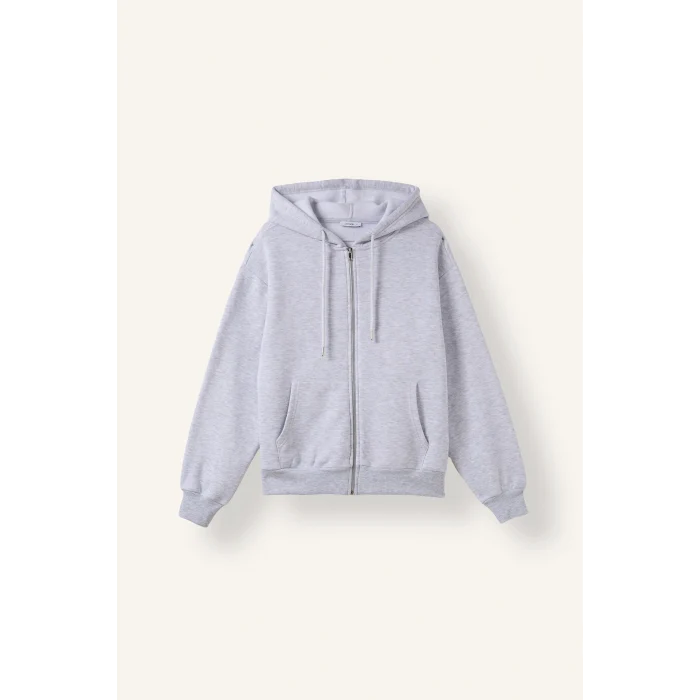 Defacto C1809AXGR93 Gri Relax Fit Kapüşonlu Cepli Basıc Fermuarlı Sweatshirt