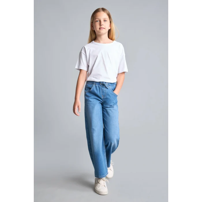 Defacto H6242A8NM39 Mavi Beli Lastikli Wide Leg Jean Pantolon Kız Çocuk