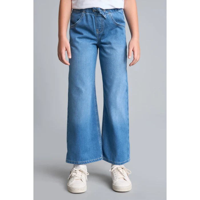 Defacto H6242A8NM39 Mavi Beli Lastikli Wide Leg Jean Pantolon Kız Çocuk