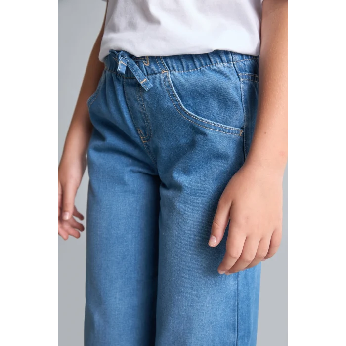 Defacto H6242A8NM39 Mavi Beli Lastikli Wide Leg Jean Pantolon Kız Çocuk