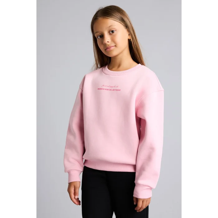 Defacto I3382A8PN683 Pembe Relax Fit Bisiklet Yaka Düşük Omuzlu Baskılı Sweatshirt Kız Çocuk