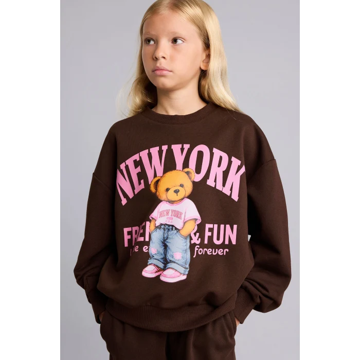 Defacto I4157A8BN267 Kahve Relax Fit Bisiklet Yaka Ayıcık Baskılı Sweatshirt Kız Çocuk