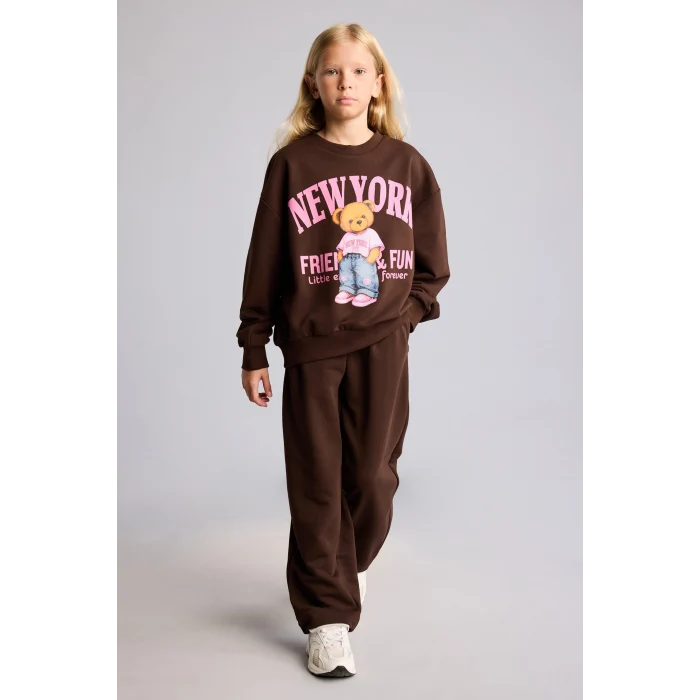 Defacto I4157A8BN267 Kahve Relax Fit Bisiklet Yaka Ayıcık Baskılı Sweatshirt Kız Çocuk