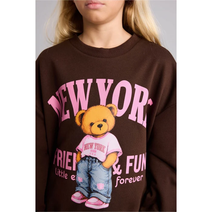 Defacto I4157A8BN267 Kahve Relax Fit Bisiklet Yaka Ayıcık Baskılı Sweatshirt Kız Çocuk