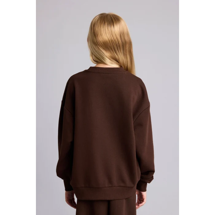 Defacto I4157A8BN267 Kahve Relax Fit Bisiklet Yaka Ayıcık Baskılı Sweatshirt Kız Çocuk