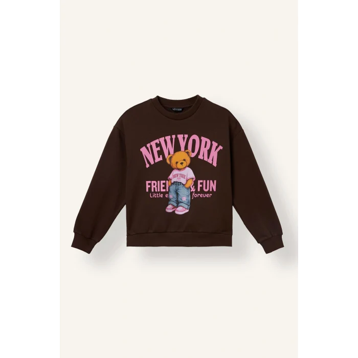 Defacto I4157A8BN267 Kahve Relax Fit Bisiklet Yaka Ayıcık Baskılı Sweatshirt Kız Çocuk