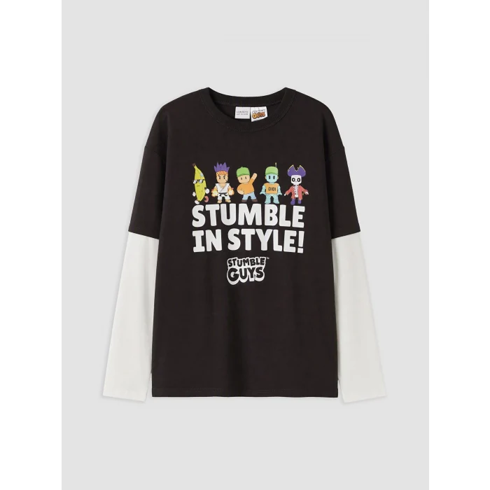 LCW Kids Kahverengi Bisiklet Yaka Stumble Guys Baskılı Erkek Çocuk Tişört