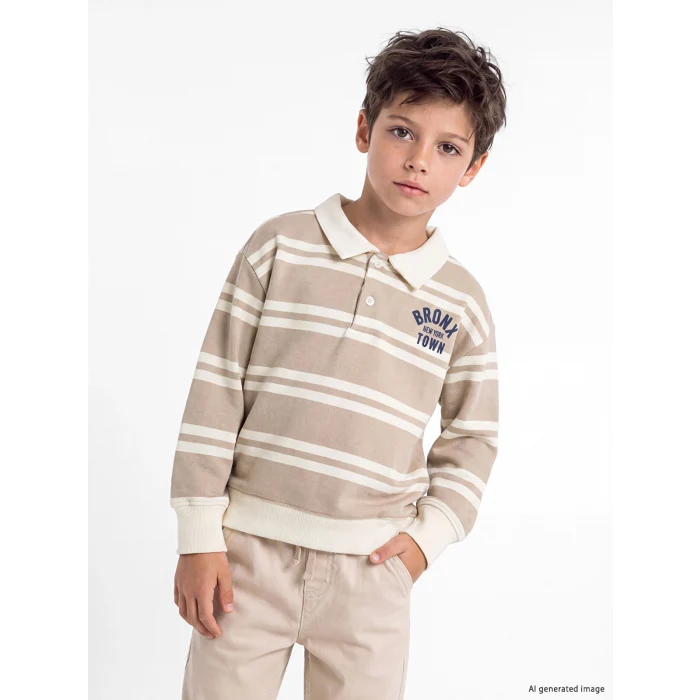 LCW Kids Gri Polo Yaka Çizgili Erkek Çocuk Kalın Sweatshirt