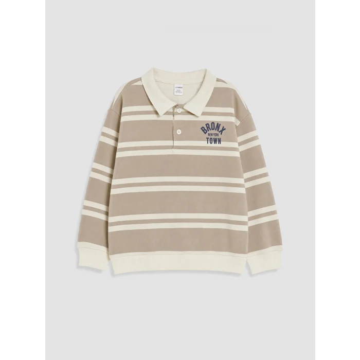 LCW Kids Gri Polo Yaka Çizgili Erkek Çocuk Kalın Sweatshirt