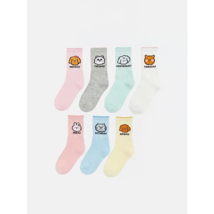 LCW Kids Pembe Baskılı Kız Çocuk Soket Çorap 7li Paket