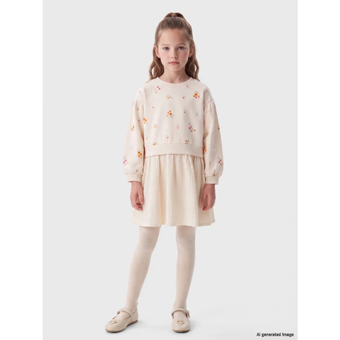 LCW Kids Ekru Bisiklet Yaka Çiçekli Kız Çocuk Elbise