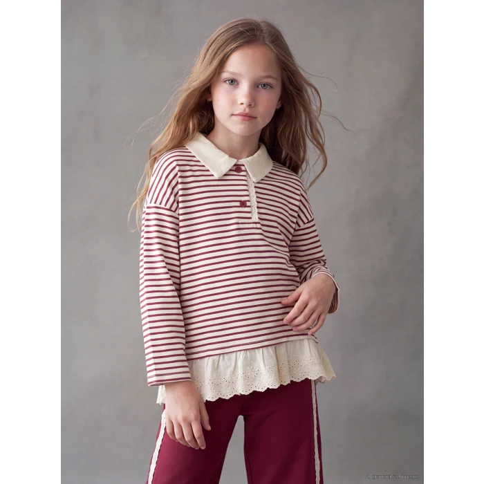 LCW Kids Bordo Polo Yaka Çizgili Kız Çocuk Takım