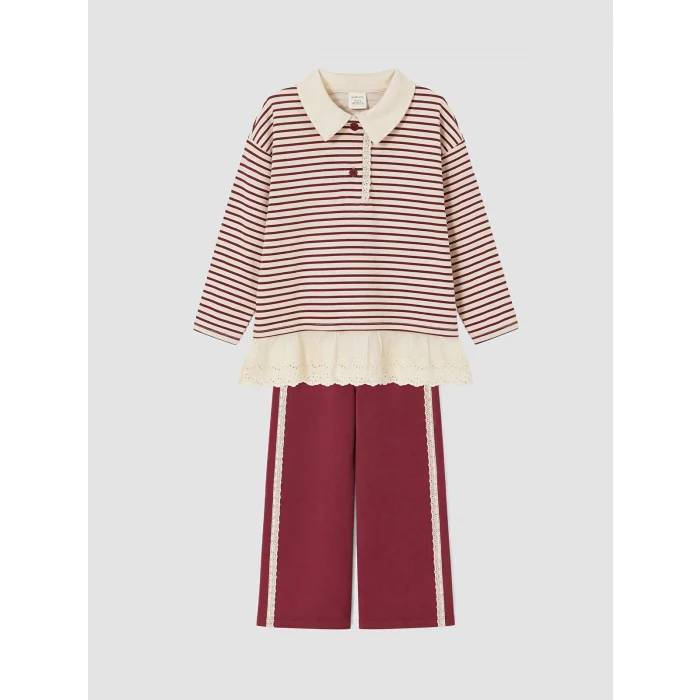 LCW Kids Bordo Polo Yaka Çizgili Kız Çocuk Takım