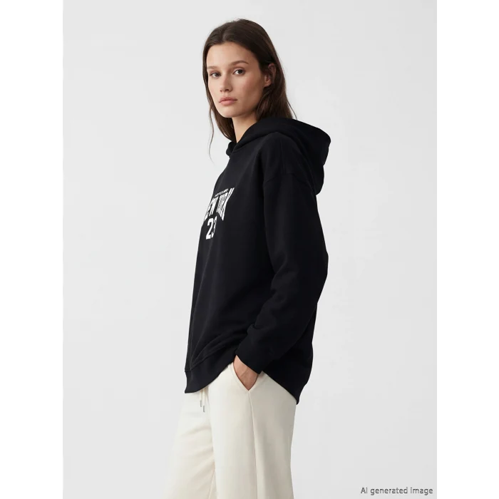 LCW Modest Siyah Kapüşonlu New York Baskılı Kadın Sweatshirt Tunik