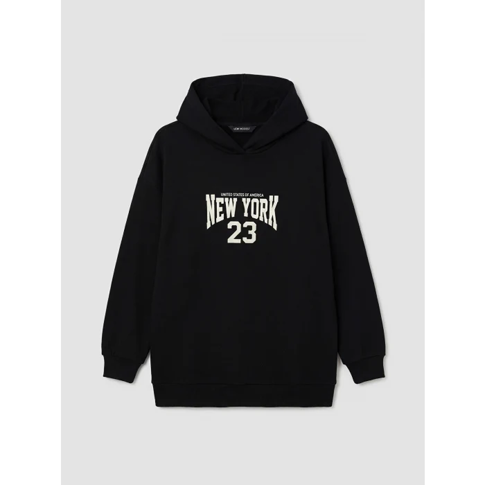 LCW Modest Siyah Kapüşonlu New York Baskılı Kadın Sweatshirt Tunik