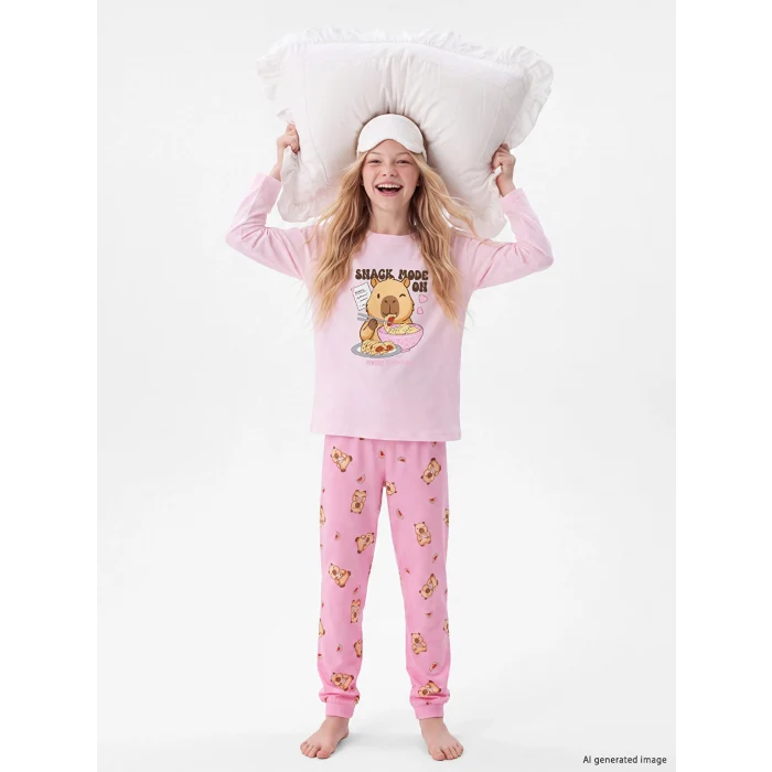 LCW Kids Pembe Bisiklet Yaka Baskılı Kız Çocuk Pijama Takım