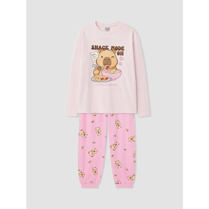 LCW Kids Pembe Bisiklet Yaka Baskılı Kız Çocuk Pijama Takım