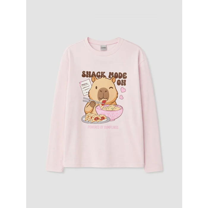 LCW Kids Pembe Bisiklet Yaka Baskılı Kız Çocuk Pijama Takım