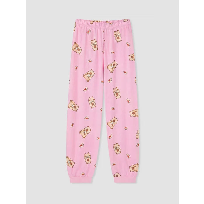 LCW Kids Pembe Bisiklet Yaka Baskılı Kız Çocuk Pijama Takım