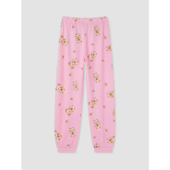 LCW Kids Pembe Bisiklet Yaka Baskılı Kız Çocuk Pijama Takım