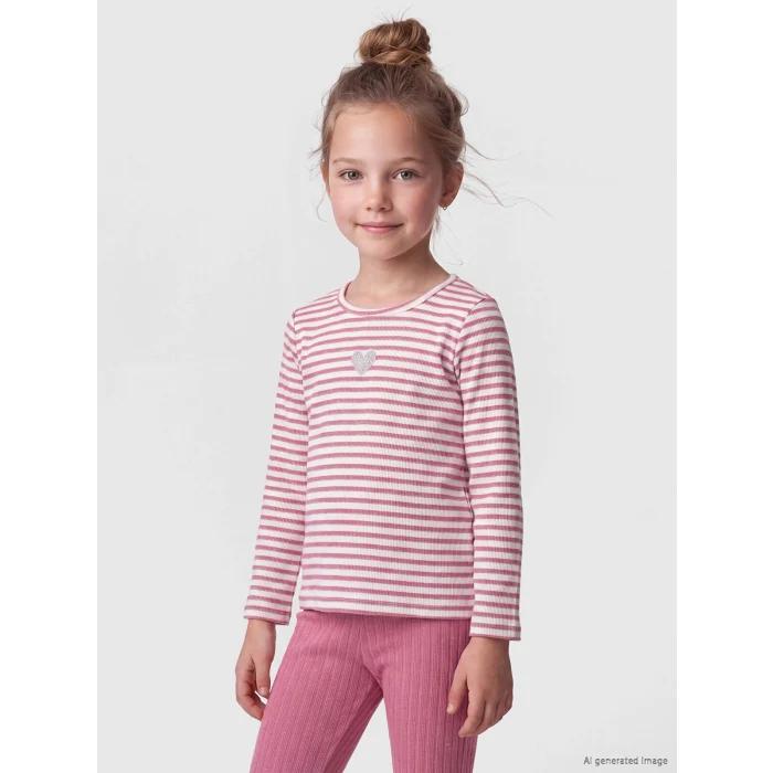 LCW Kids Pembe Bisiklet Yaka Uzun Kollu Çizgili Kız Çocuk Tişört