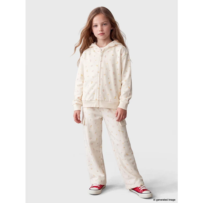 LCW Kids Ekru Çiçekli Kargo Cepli Kız Çocuk Eşofman Altı