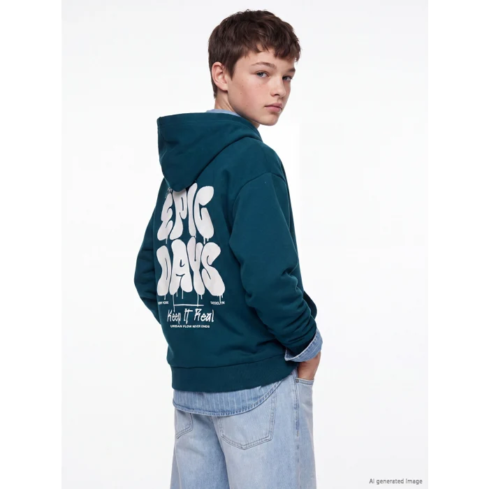 LCW Kids Petrol Kapüşonlu NYC Baskılı Erkek Çocuk Kalın Sweatshirt