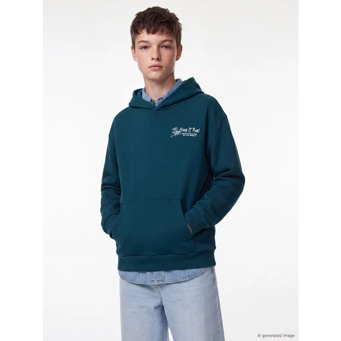 LCW Kids Petrol Kapüşonlu NYC Baskılı Erkek Çocuk Kalın Sweatshirt