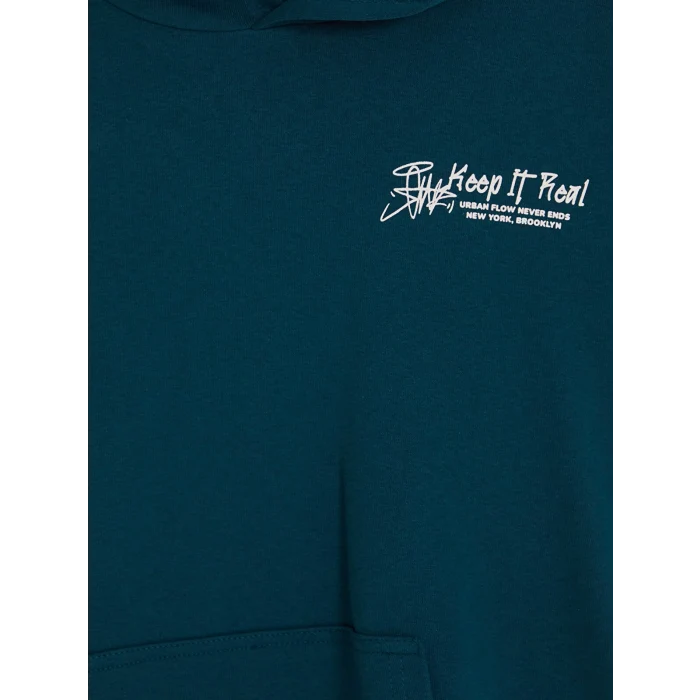 LCW Kids Petrol Kapüşonlu NYC Baskılı Erkek Çocuk Kalın Sweatshirt