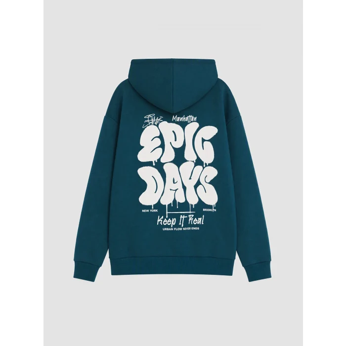 LCW Kids Petrol Kapüşonlu NYC Baskılı Erkek Çocuk Kalın Sweatshirt