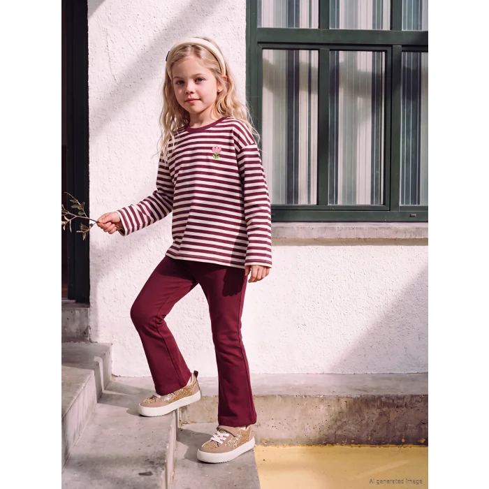 LCW Kids Bordo Bisiklet Yaka Nakışlı Çizgili Kız Çocuk Tişört