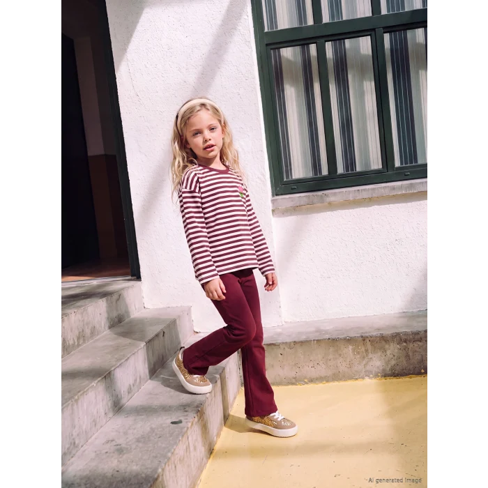 LCW Kids Bordo Bisiklet Yaka Nakışlı Çizgili Kız Çocuk Tişört