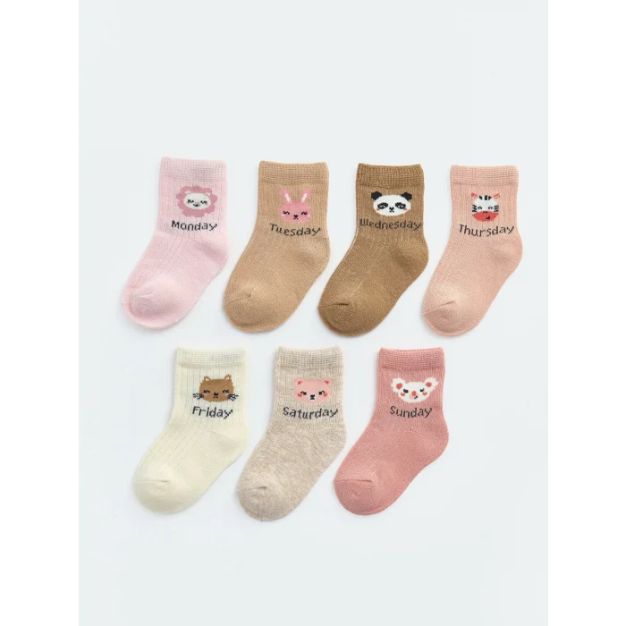 LCW baby Pembe Hayvan Baskılı Kız Bebek Soket Çorap 7li Paket
