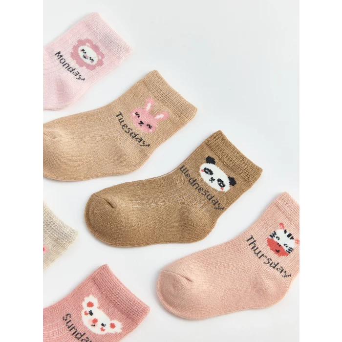 LCW baby Pembe Hayvan Baskılı Kız Bebek Soket Çorap 7li Paket