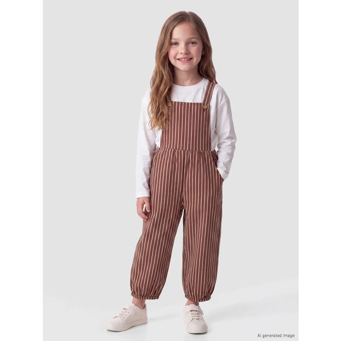 LCW Kids Kahverengi Çizgili Kız Çocuk Salopet Elbise