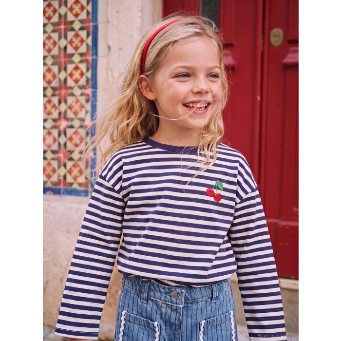 LCW Kids Lacivert Bisiklet Yaka Çizgili Nakışlı Kız Çocuk Tişört