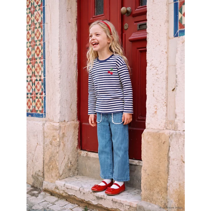 LCW Kids Lacivert Bisiklet Yaka Çizgili Nakışlı Kız Çocuk Tişört