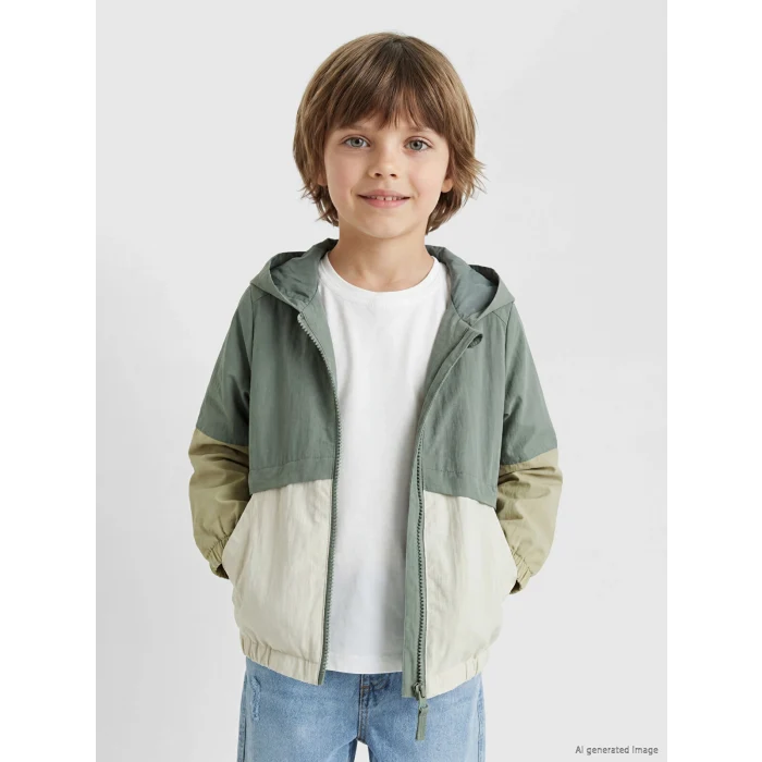 LCW Kids Haki Kapüşonlu Renk Bloklu Erkek Çocuk Yağmurluk