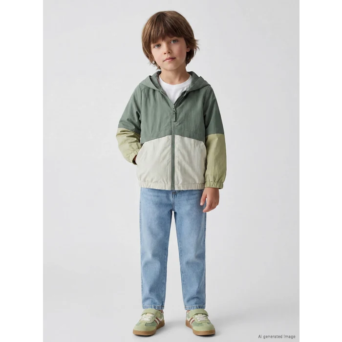 LCW Kids Haki Kapüşonlu Renk Bloklu Erkek Çocuk Yağmurluk