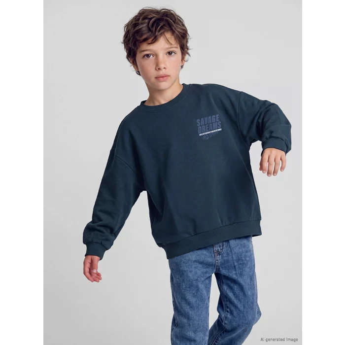 LCW Kids Lacivert Baskılı Erkek Çocuk Kalın Sweatshirt
