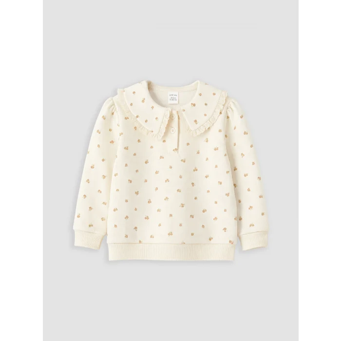 LCW Kids Ekru Polo Yaka Baskılı Kız Çocuk Kalın Sweatshirt